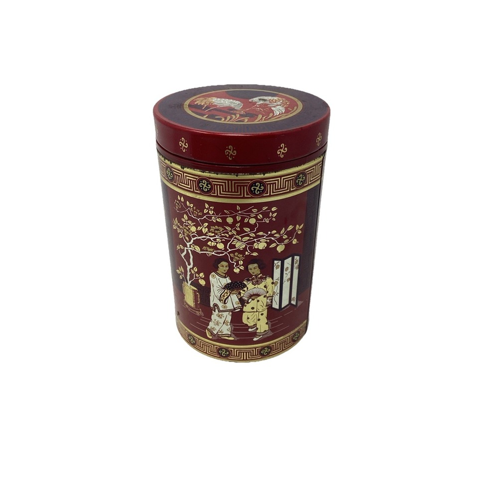 Chinoiserie Red and Gold Asian Style Vintage tea tin Screw Top 5.5"x3.5"